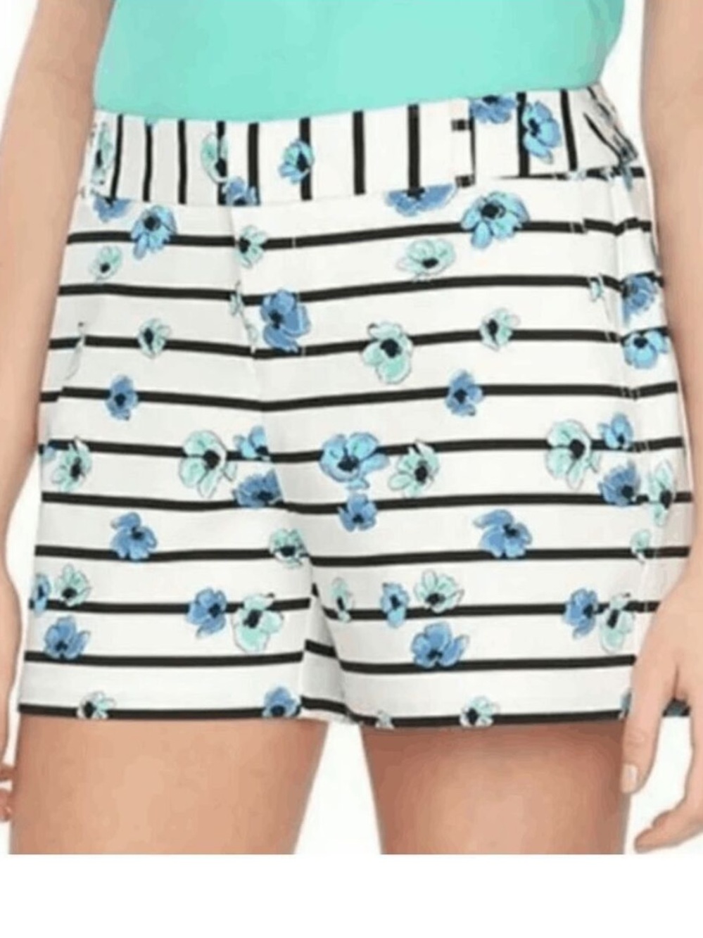 Elle Venice Striped Chino Shorts with Pockets White and Blue Floral Print NWOT